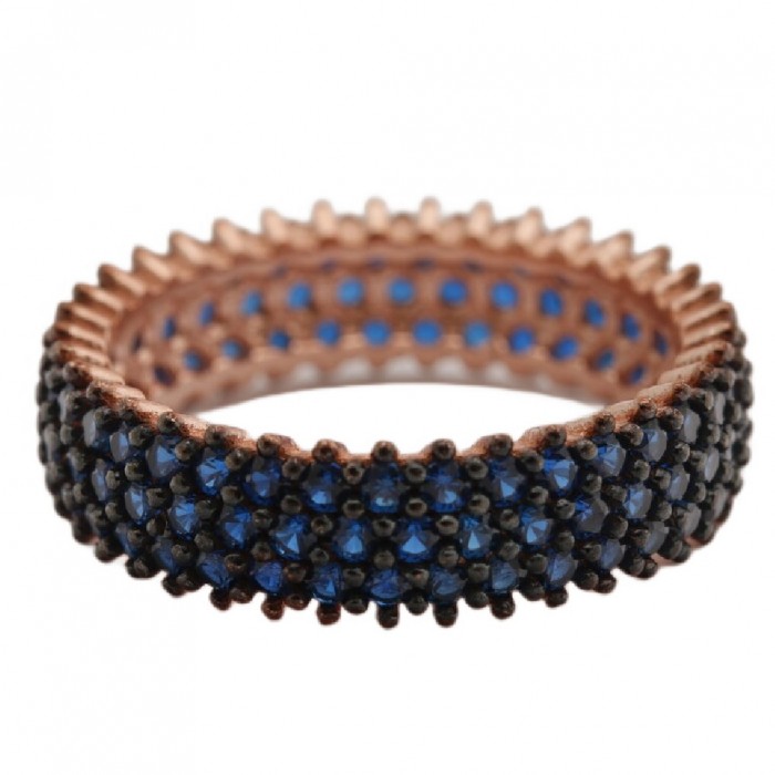 Inel Eternity din Argint 925 Placat cu Rodiu Roz și Trei Randuri de Pietre Cubic Zirconia Albastru Safir