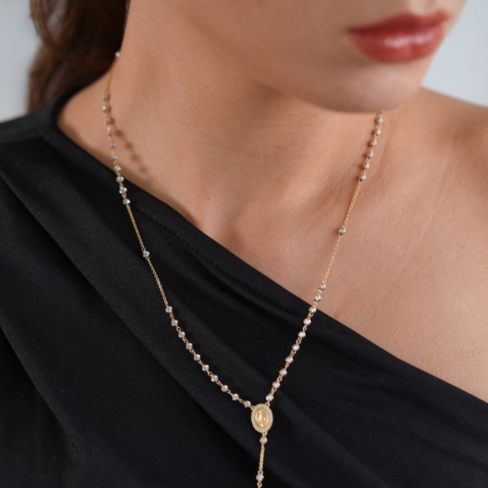 Rosenkranzkette aus 18K Weiß- und Gelbgold mit Diamantkugeln und Zirkoniasteinen