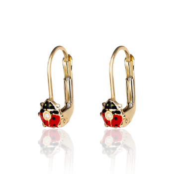 Cercei cu Tortite pentru Copii din Aur Galben de 18K cu Diamante de 0.05ct si Buburuza