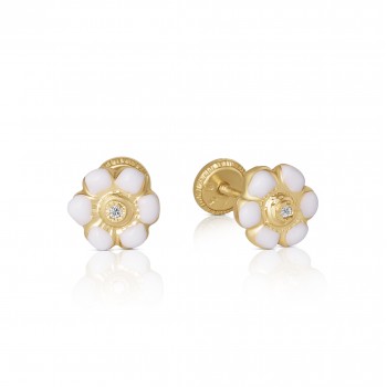 Cercei cu Protectie pentru Copii din Aur Galben de 18K  cu Diamante de 0.05ct si Floare