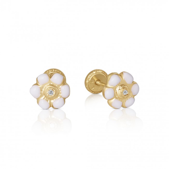 Cercei cu Protectie pentru Copii din Aur Galben de 18K  cu Diamante de 0.05ct si Floare