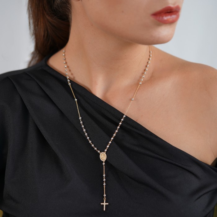 Rosenkranzkette aus 18K Weiß- und Gelbgold mit Diamantkugeln und Zirkoniasteinen