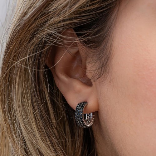 Cercei Eternity din Argint 925 Placati cu Rodiu și Trei Randuri Pietre Cubic Zirconia Negre