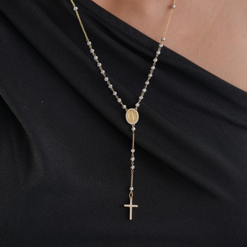 Rosenkranzkette aus 18K Weiß- und Gelbgold mit Diamantkugeln und Zirkoniasteinen