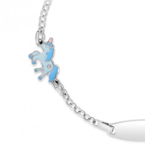 Bratara cu Placuta Pentru Copii Unicorn Albastru din Argint 925, Placat cu Rodiu și Email