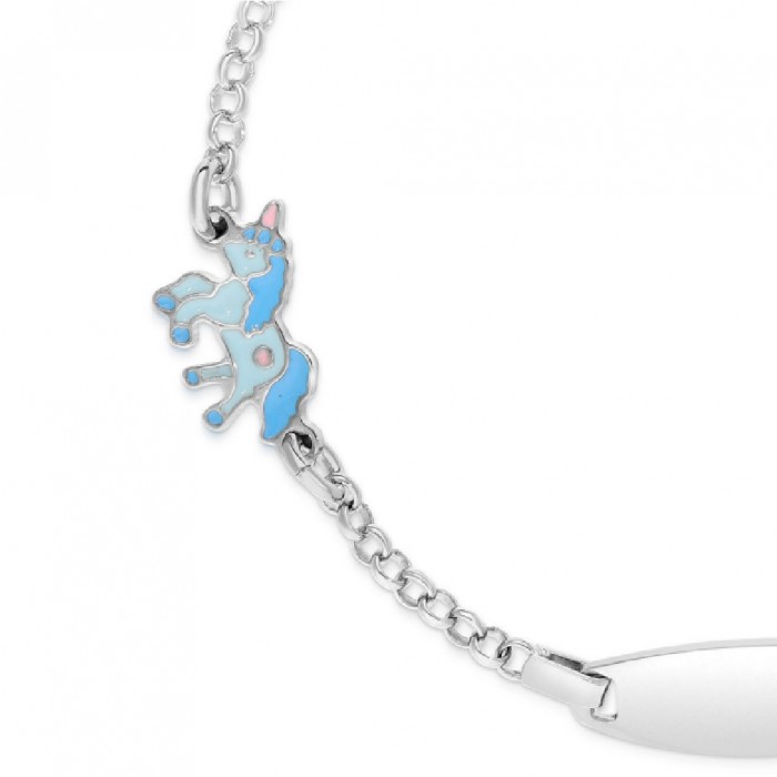 Bratara cu Placuta Pentru Copii Unicorn Albastru din Argint 925, Placat cu Rodiu și Email