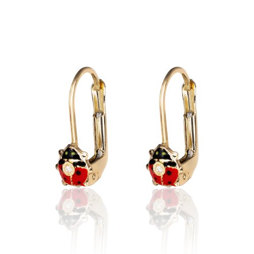 Cercei cu Tortite pentru Copii din Aur Galben de 18K cu Diamante de 0.05ct si Buburuza
