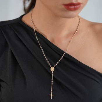 Rosenkranzkette aus 18K Weiß- und Gelbgold mit Diamantkugeln und Zirkoniasteinen