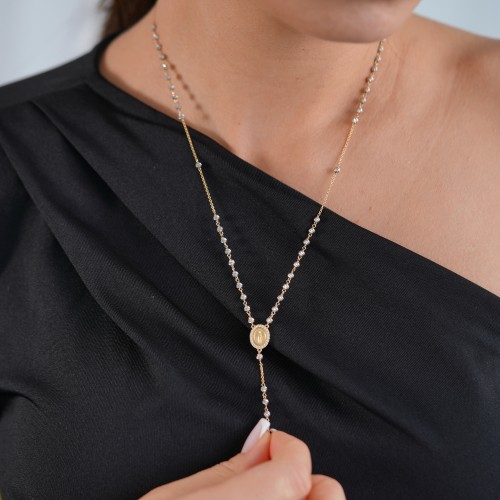 Rosenkranzkette aus 18K Weiß- und Gelbgold mit Diamantkugeln und Zirkoniasteinen
