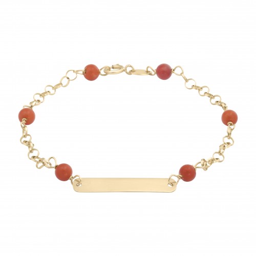 Bratara din Aur Galben 18K cu Coral Natural si Placuta Pentru Copii