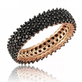Inel Eternity din Argint 925 Placat cu Rodiu Roz și Trei Randuri Pietre Cubic Zirconia Negre