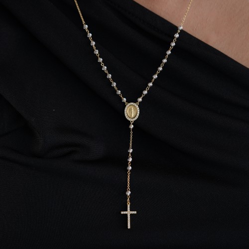 Rosenkranzkette aus 18K Weiß- und Gelbgold mit Diamantkugeln und Zirkoniasteinen