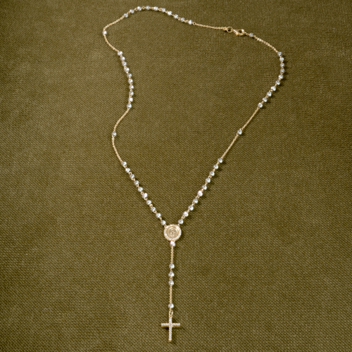 Rosenkranzkette aus 18K Weiß- und Gelbgold mit Diamantkugeln und Zirkoniasteinen