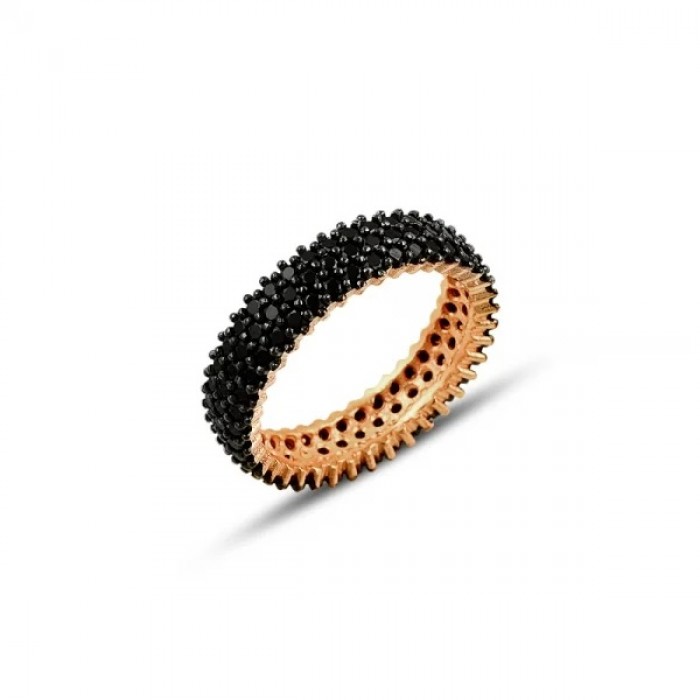 Inel Eternity din Argint 925 Placat cu Rodiu Roz și Trei Randuri Pietre Cubic Zirconia Negre