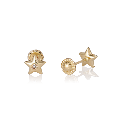 Cercei cu Protectie pentru Copii din Aur Galben de 18K  cu Diamante de 0.05 ct si Stea