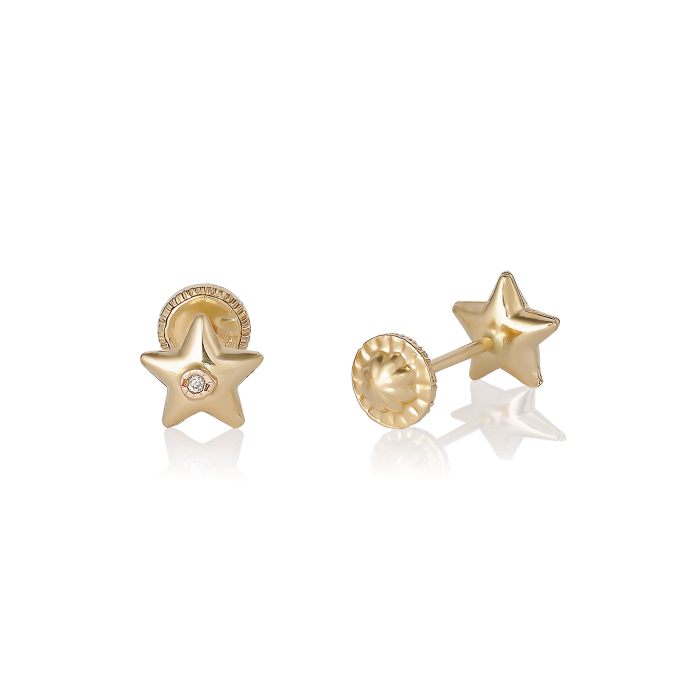 Cercei cu Protectie pentru Copii din Aur Galben de 18K  cu Diamante de 0.05 ct si Stea