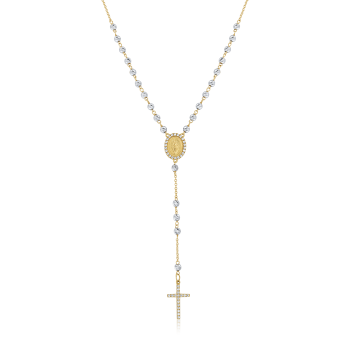 Rosenkranzkette aus 18K Weiß- und Gelbgold mit Diamantkugeln und Zirkoniasteinen