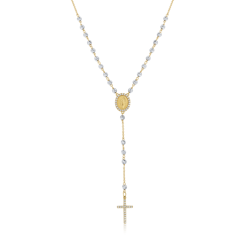 Rosenkranzkette aus 18K Weiß- und Gelbgold mit Diamantkugeln und Zirkoniasteinen