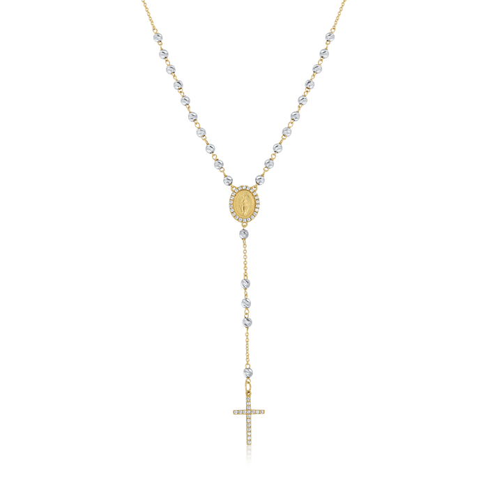 Rosenkranzkette aus 18K Weiß- und Gelbgold mit Diamantkugeln und Zirkoniasteinen