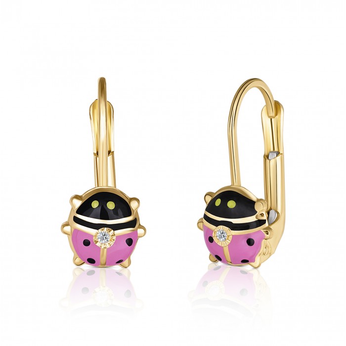 Cercei cu Tortite pentru Copii din Aur Galben de 18K  cu Diamante de 0.05ct, Buburuza