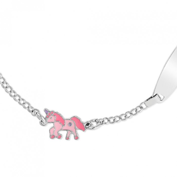 Bratara cu Placuta Pentru Copii Unicorn Roz din Argint 925, Placat cu Rodiu și Email