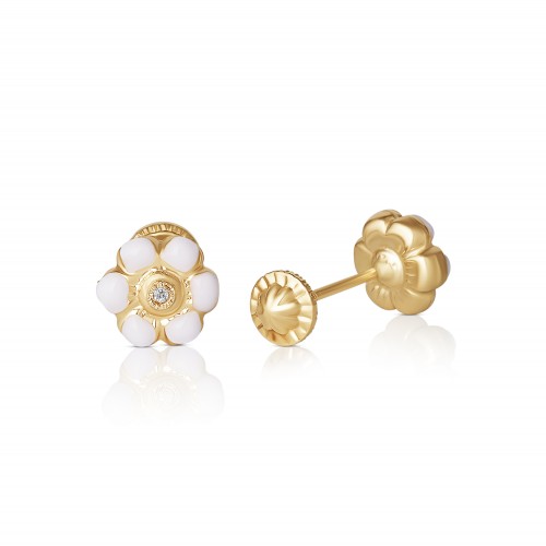 Cercei cu Protectie pentru Copii din Aur Galben de 18K  cu Diamante de 0.05ct si Floare